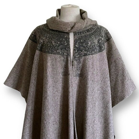 Vintage 1980s Womens Wool Blanket Cape O/S Aztec South American Art Print Boho - Picture 5 of 15